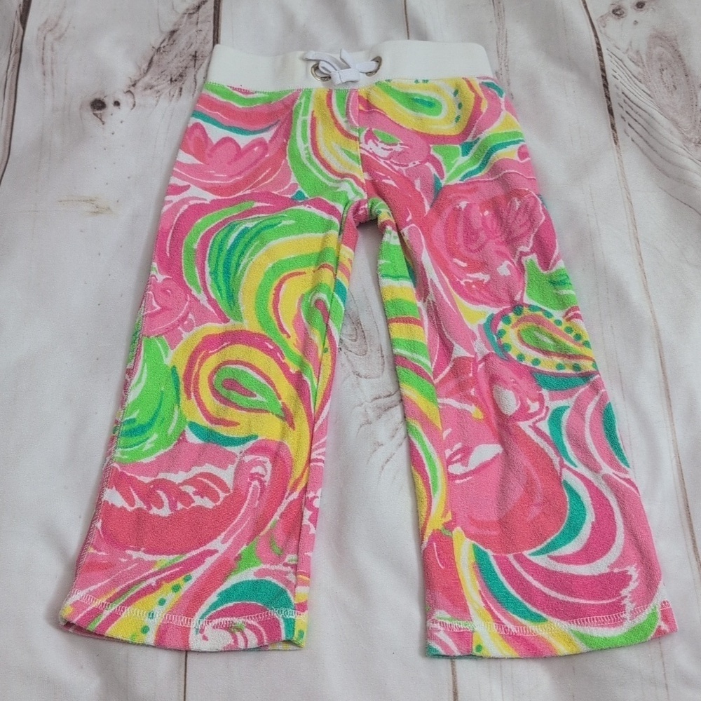 Lilly Pulitzer Terry Beach Pants Girls size XSmall 2-3 Flamingo Beight Print
